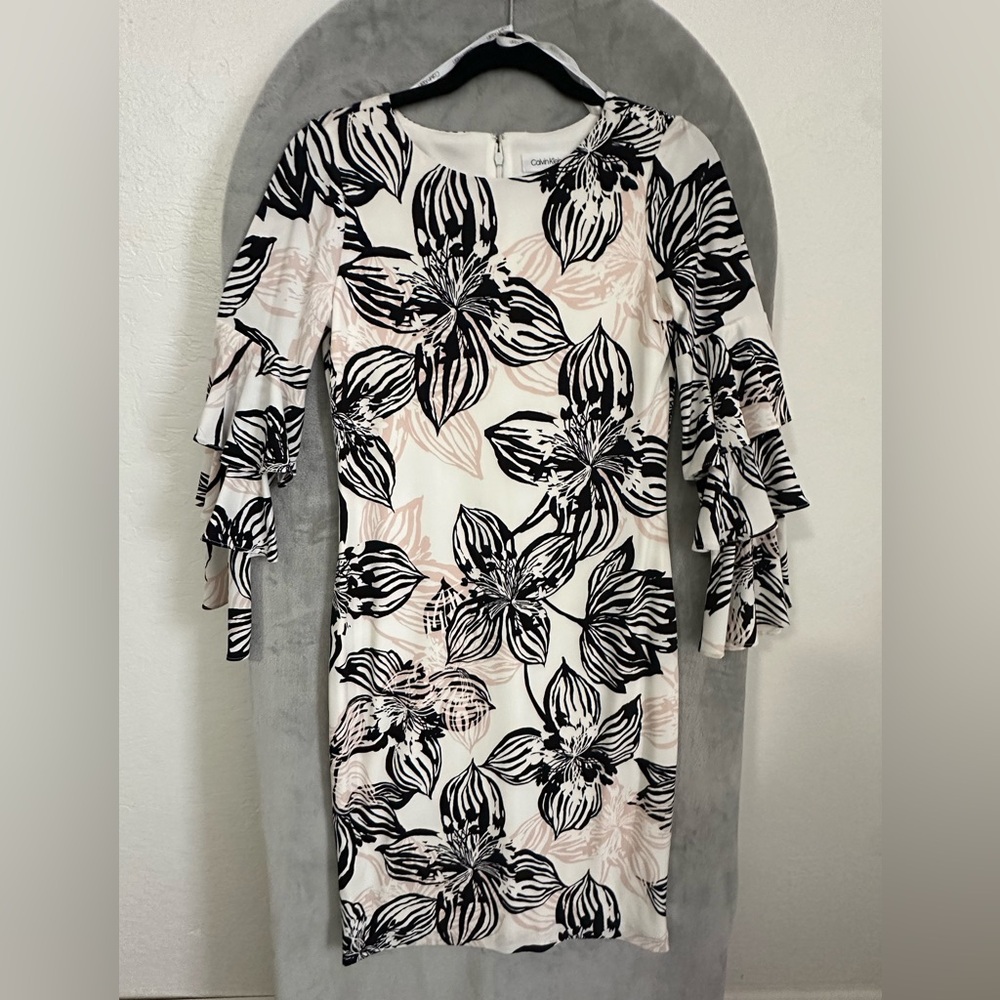 Calvin Klein Black and White Floral Long Sleeve Dress